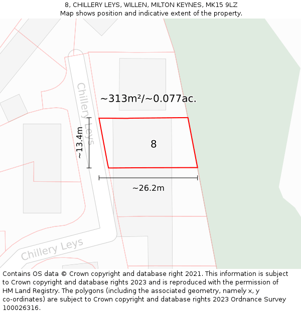 8, CHILLERY LEYS, WILLEN, MILTON KEYNES, MK15 9LZ: Plot and title map