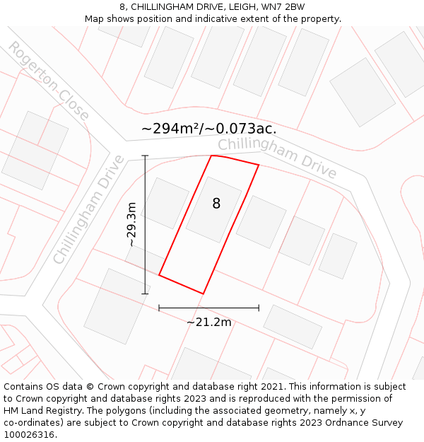 8, CHILLINGHAM DRIVE, LEIGH, WN7 2BW: Plot and title map