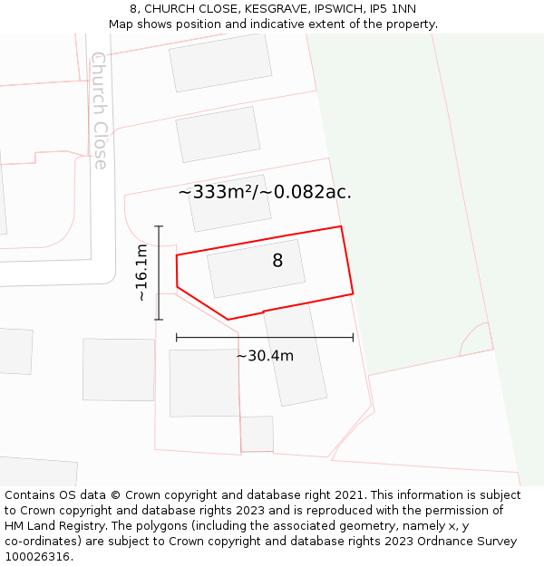 8, CHURCH CLOSE, KESGRAVE, IPSWICH, IP5 1NN: Plot and title map