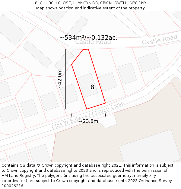 8, CHURCH CLOSE, LLANGYNIDR, CRICKHOWELL, NP8 1NY: Plot and title map