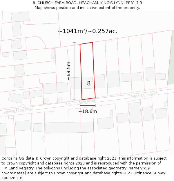 8, CHURCH FARM ROAD, HEACHAM, KING'S LYNN, PE31 7JB: Plot and title map