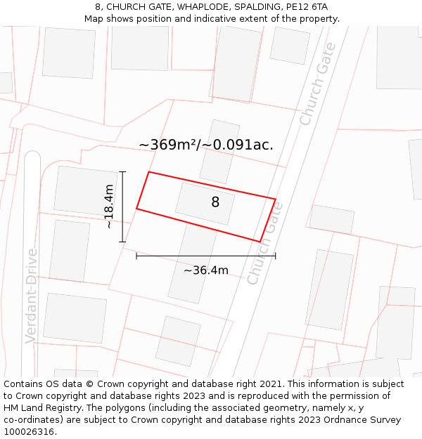 8, CHURCH GATE, WHAPLODE, SPALDING, PE12 6TA: Plot and title map