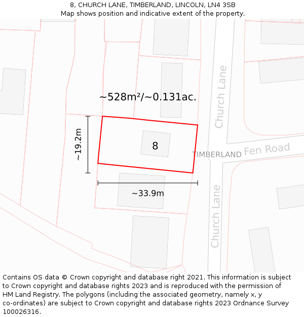 8, CHURCH LANE, TIMBERLAND, LINCOLN, LN4 3SB: Plot and title map