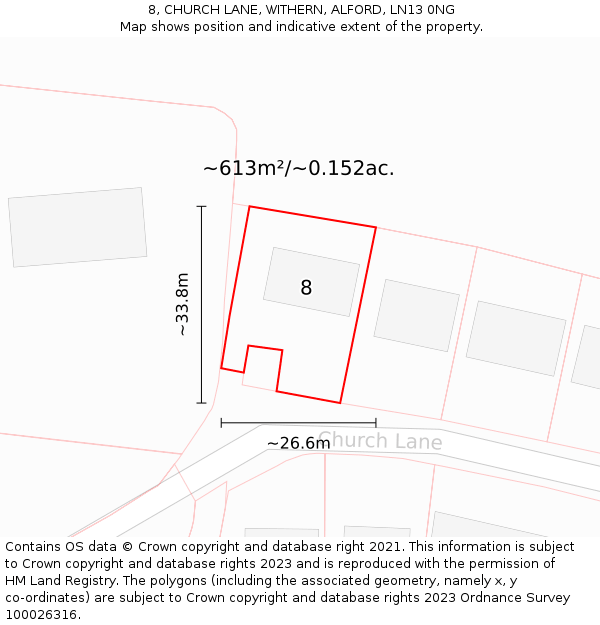 8, CHURCH LANE, WITHERN, ALFORD, LN13 0NG: Plot and title map