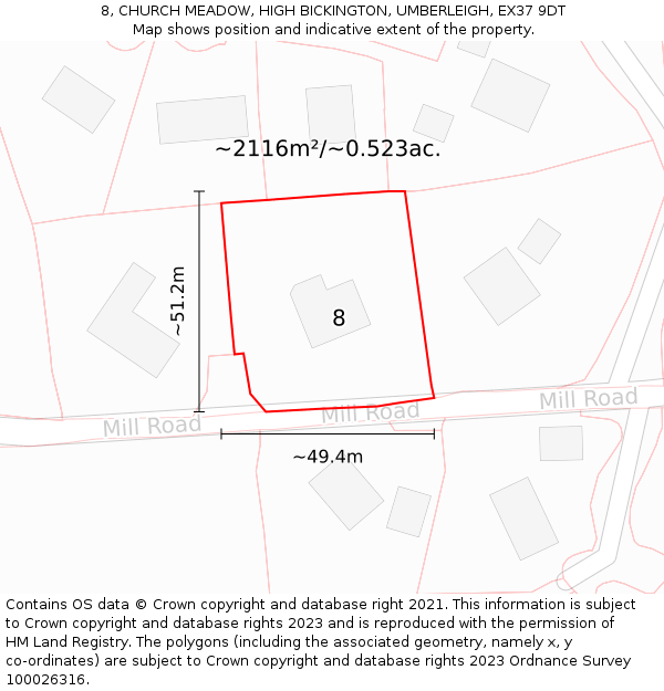 8, CHURCH MEADOW, HIGH BICKINGTON, UMBERLEIGH, EX37 9DT: Plot and title map