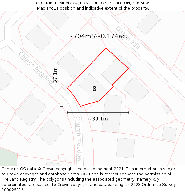 8, CHURCH MEADOW, LONG DITTON, SURBITON, KT6 5EW: Plot and title map