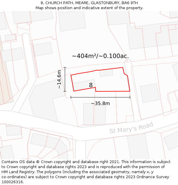 8, CHURCH PATH, MEARE, GLASTONBURY, BA6 9TH: Plot and title map