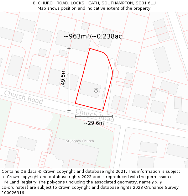8, CHURCH ROAD, LOCKS HEATH, SOUTHAMPTON, SO31 6LU: Plot and title map