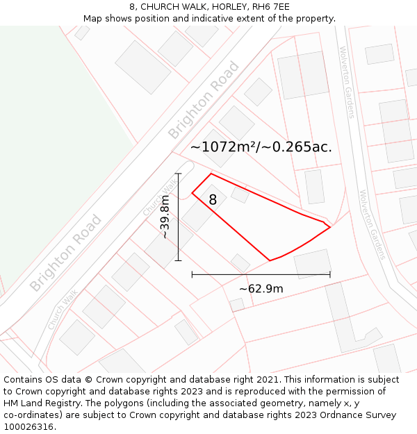 8, CHURCH WALK, HORLEY, RH6 7EE: Plot and title map
