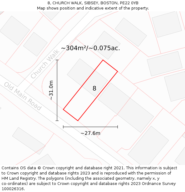 8, CHURCH WALK, SIBSEY, BOSTON, PE22 0YB: Plot and title map