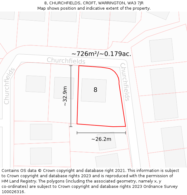 8, CHURCHFIELDS, CROFT, WARRINGTON, WA3 7JR: Plot and title map