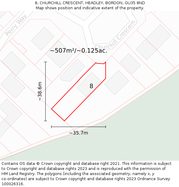 8, CHURCHILL CRESCENT, HEADLEY, BORDON, GU35 8ND: Plot and title map