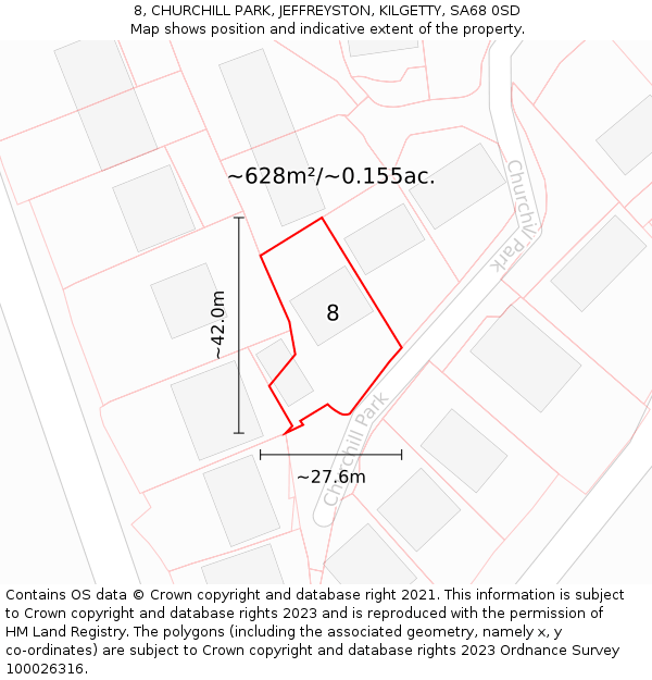 8, CHURCHILL PARK, JEFFREYSTON, KILGETTY, SA68 0SD: Plot and title map