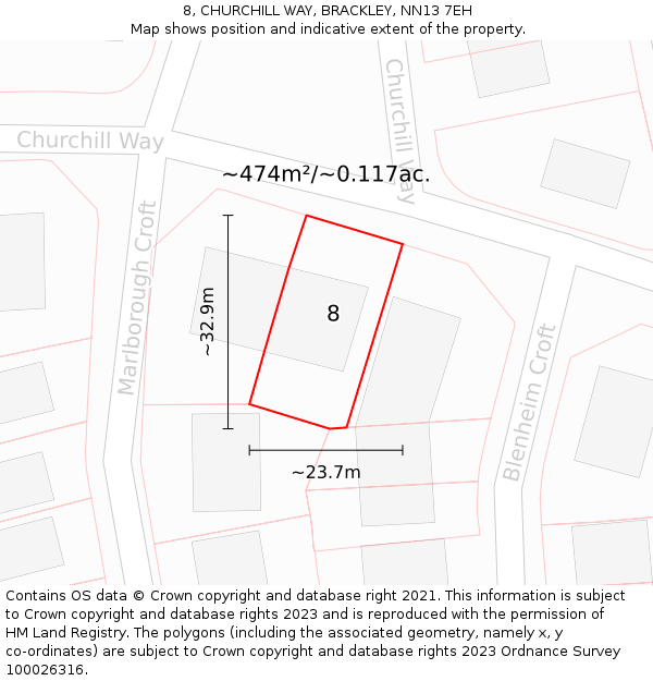 8, CHURCHILL WAY, BRACKLEY, NN13 7EH: Plot and title map