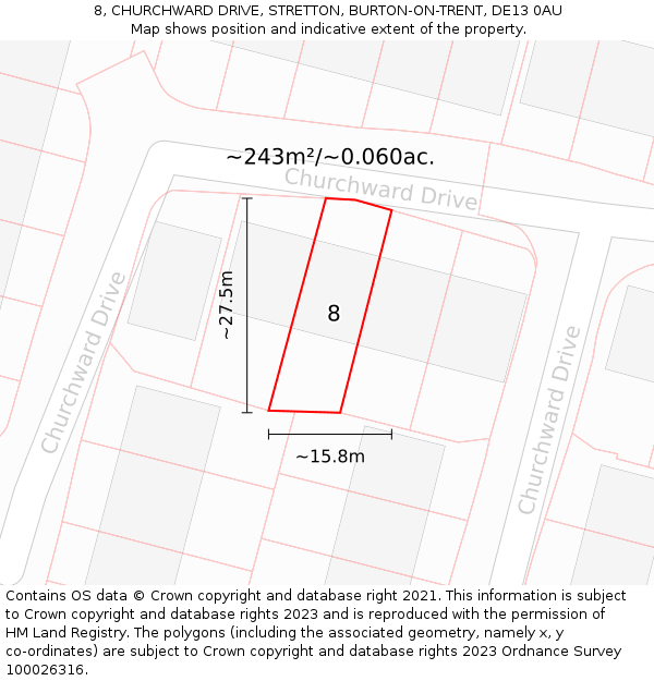 8, CHURCHWARD DRIVE, STRETTON, BURTON-ON-TRENT, DE13 0AU: Plot and title map