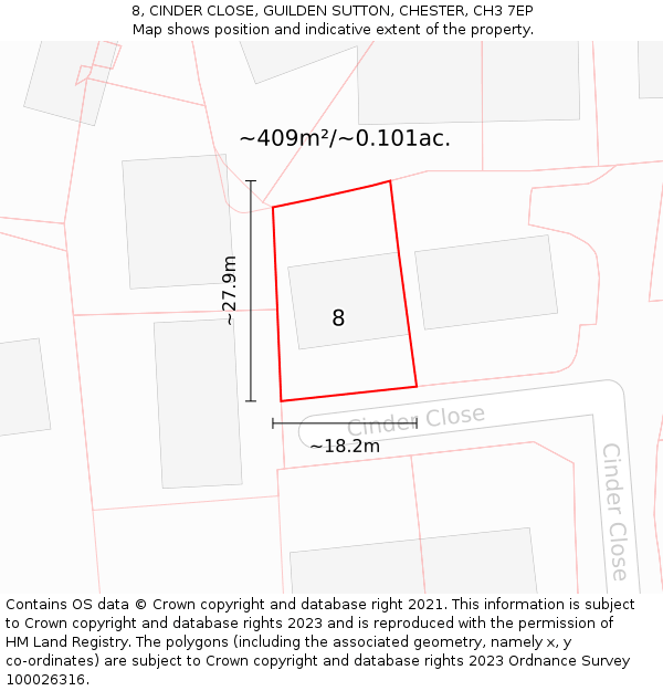 8, CINDER CLOSE, GUILDEN SUTTON, CHESTER, CH3 7EP: Plot and title map