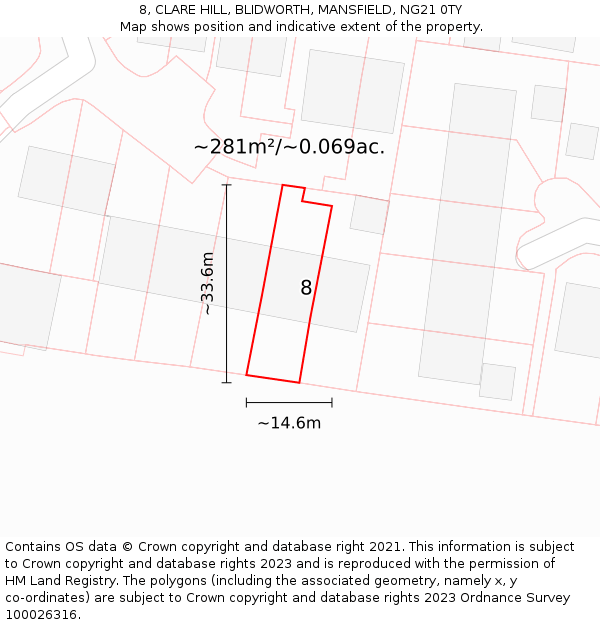 8, CLARE HILL, BLIDWORTH, MANSFIELD, NG21 0TY: Plot and title map
