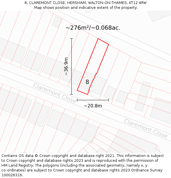 8, CLAREMONT CLOSE, HERSHAM, WALTON-ON-THAMES, KT12 4RW: Plot and title map