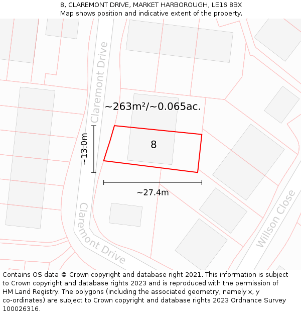 8, CLAREMONT DRIVE, MARKET HARBOROUGH, LE16 8BX: Plot and title map