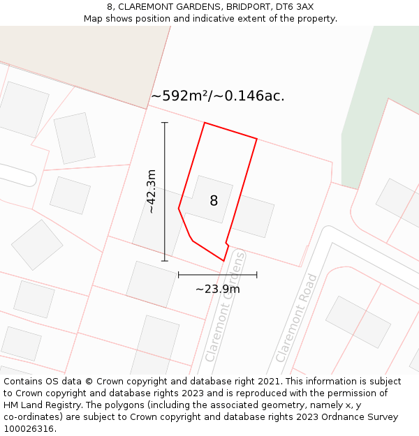 8, CLAREMONT GARDENS, BRIDPORT, DT6 3AX: Plot and title map