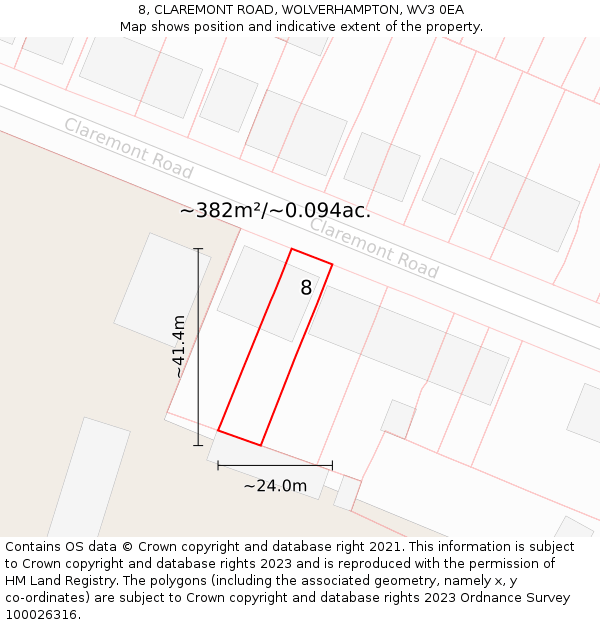 8, CLAREMONT ROAD, WOLVERHAMPTON, WV3 0EA: Plot and title map