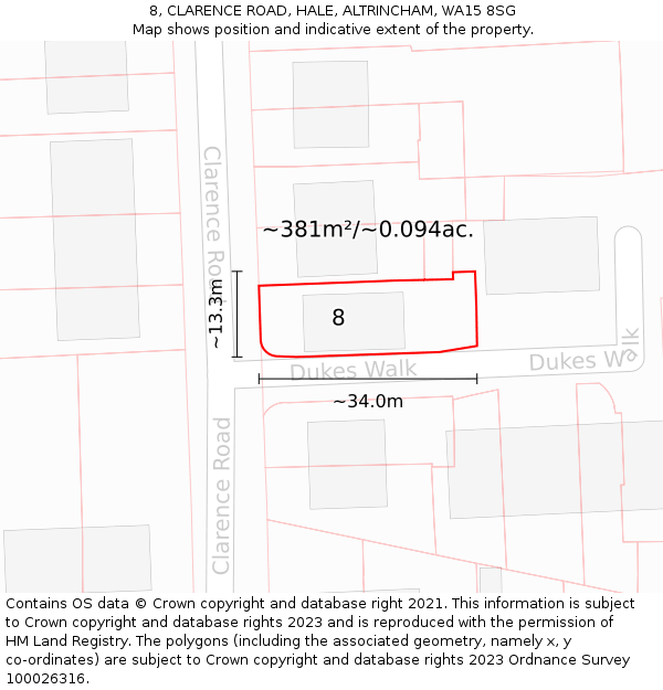 8, CLARENCE ROAD, HALE, ALTRINCHAM, WA15 8SG: Plot and title map