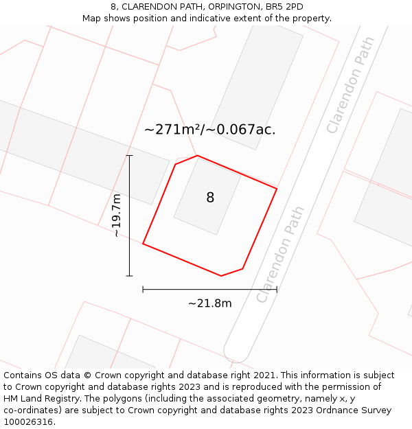 8, CLARENDON PATH, ORPINGTON, BR5 2PD: Plot and title map
