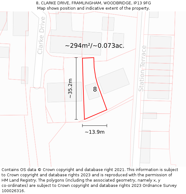 8, CLARKE DRIVE, FRAMLINGHAM, WOODBRIDGE, IP13 9FG: Plot and title map