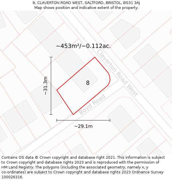8, CLAVERTON ROAD WEST, SALTFORD, BRISTOL, BS31 3AJ: Plot and title map