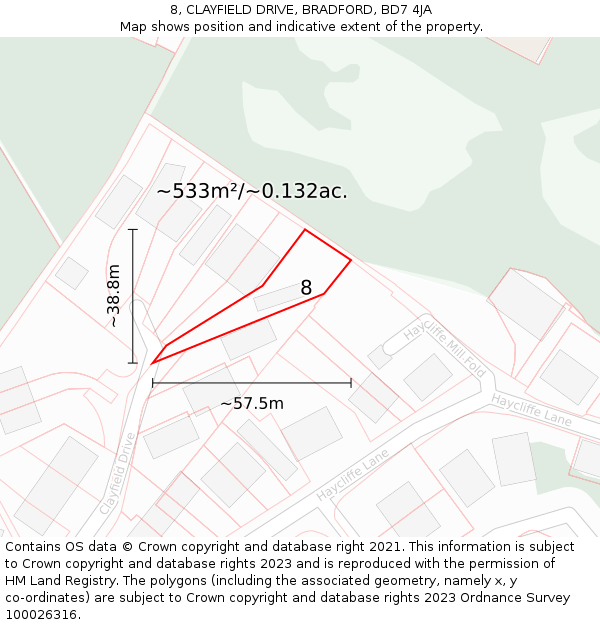 8, CLAYFIELD DRIVE, BRADFORD, BD7 4JA: Plot and title map