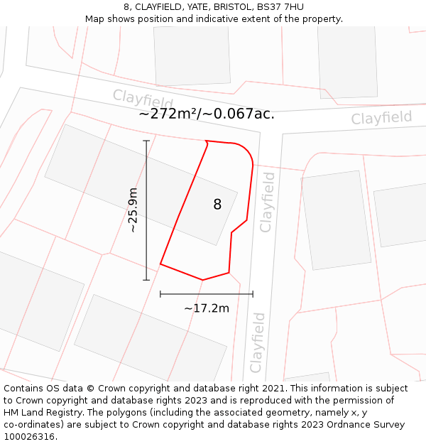 8, CLAYFIELD, YATE, BRISTOL, BS37 7HU: Plot and title map