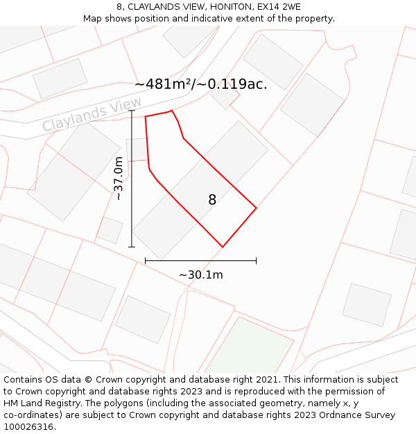 8, CLAYLANDS VIEW, HONITON, EX14 2WE: Plot and title map