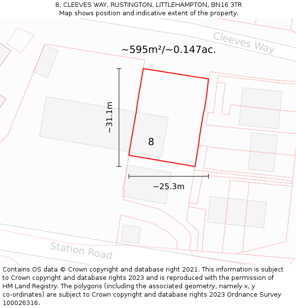 8, CLEEVES WAY, RUSTINGTON, LITTLEHAMPTON, BN16 3TR: Plot and title map