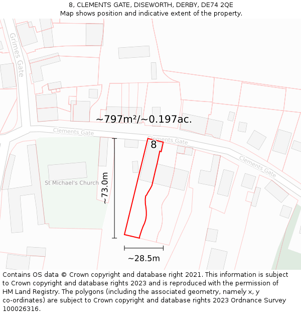8, CLEMENTS GATE, DISEWORTH, DERBY, DE74 2QE: Plot and title map