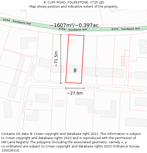 8, CLIFF ROAD, FOLKESTONE, CT20 2JD: Plot and title map