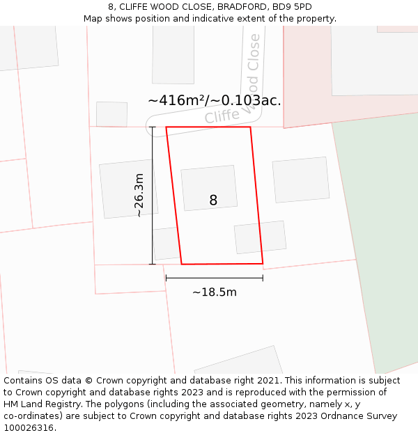 8, CLIFFE WOOD CLOSE, BRADFORD, BD9 5PD: Plot and title map