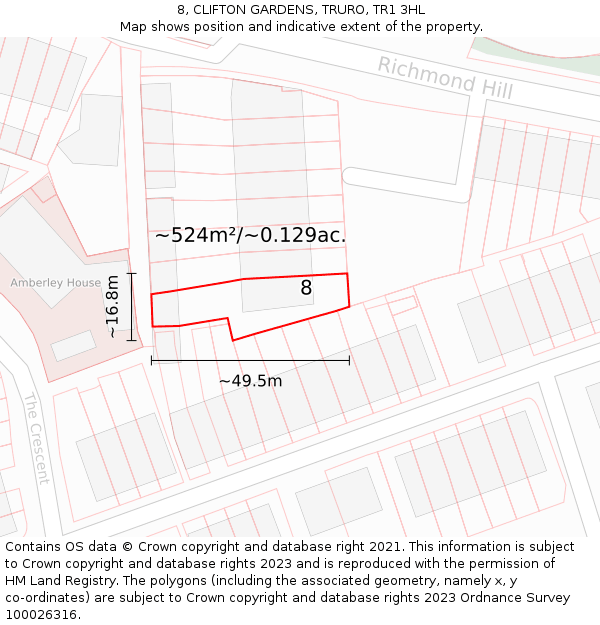 8, CLIFTON GARDENS, TRURO, TR1 3HL: Plot and title map