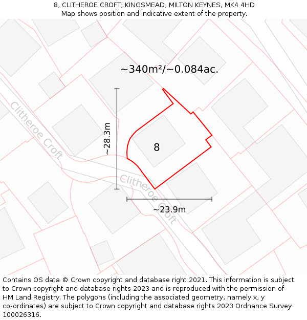 8, CLITHEROE CROFT, KINGSMEAD, MILTON KEYNES, MK4 4HD: Plot and title map