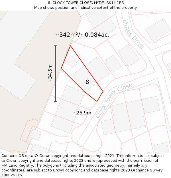 8, CLOCK TOWER CLOSE, HYDE, SK14 1RS: Plot and title map
