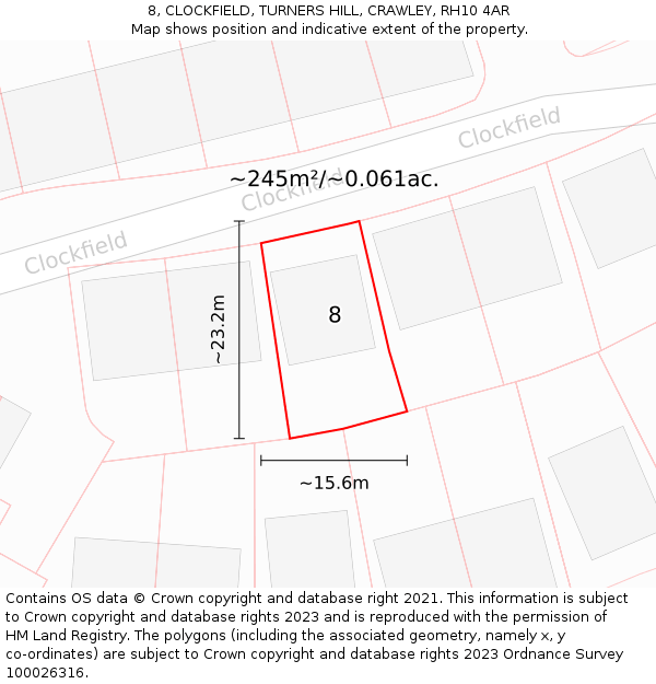 8, CLOCKFIELD, TURNERS HILL, CRAWLEY, RH10 4AR: Plot and title map
