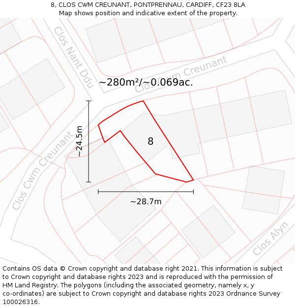 8, CLOS CWM CREUNANT, PONTPRENNAU, CARDIFF, CF23 8LA: Plot and title map