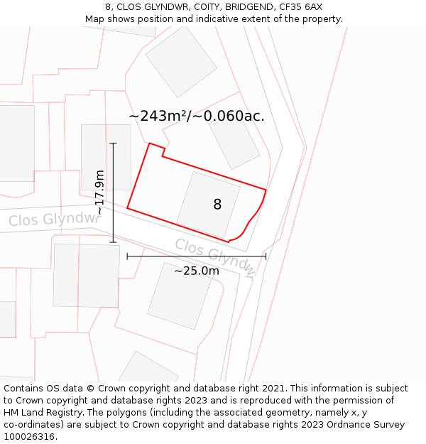 8, CLOS GLYNDWR, COITY, BRIDGEND, CF35 6AX: Plot and title map