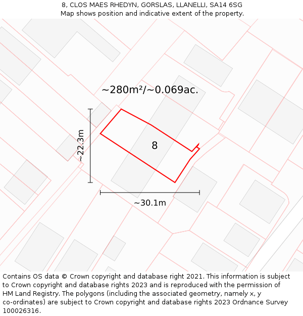 8, CLOS MAES RHEDYN, GORSLAS, LLANELLI, SA14 6SG: Plot and title map