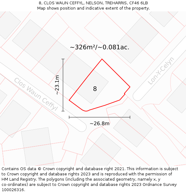 8, CLOS WAUN CEFFYL, NELSON, TREHARRIS, CF46 6LB: Plot and title map