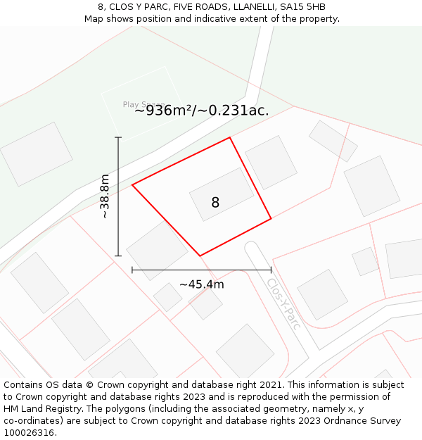 8, CLOS Y PARC, FIVE ROADS, LLANELLI, SA15 5HB: Plot and title map