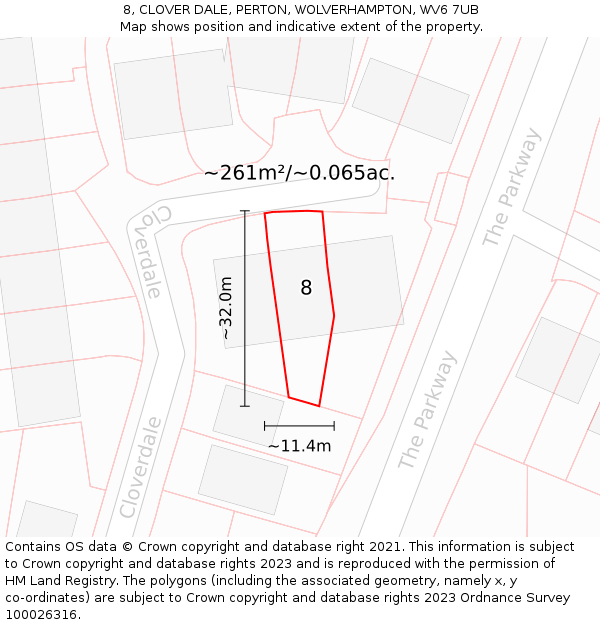 8, CLOVER DALE, PERTON, WOLVERHAMPTON, WV6 7UB: Plot and title map