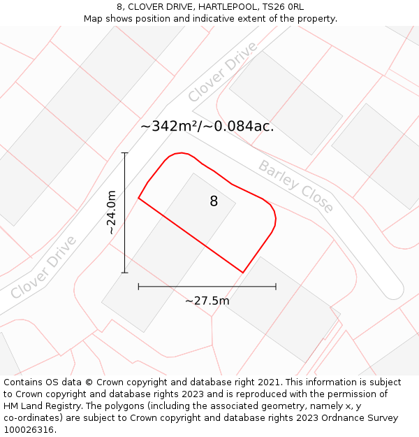 8, CLOVER DRIVE, HARTLEPOOL, TS26 0RL: Plot and title map