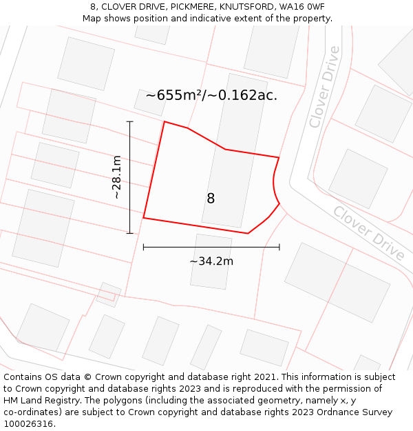 8, CLOVER DRIVE, PICKMERE, KNUTSFORD, WA16 0WF: Plot and title map