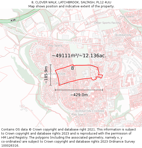 8, CLOVER WALK, LATCHBROOK, SALTASH, PL12 4UU: Plot and title map