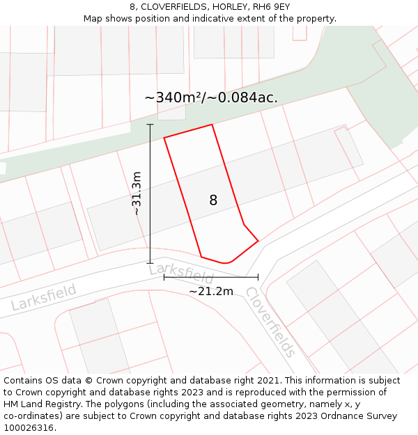 8, CLOVERFIELDS, HORLEY, RH6 9EY: Plot and title map